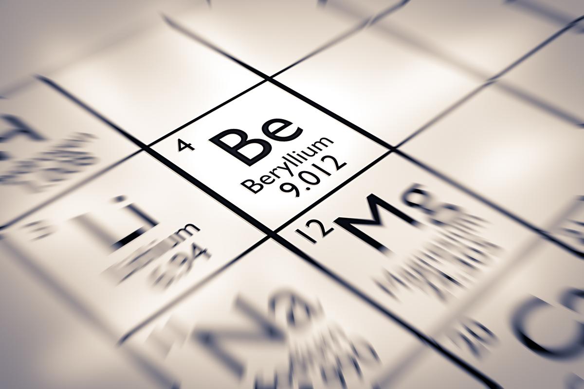 Beryllium (symbol Be), the fourth element in the periodic table