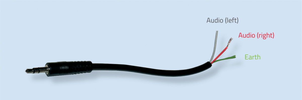 Figure 3: A stripped stereo audio cable shows two audio wires and one bare earth wire.