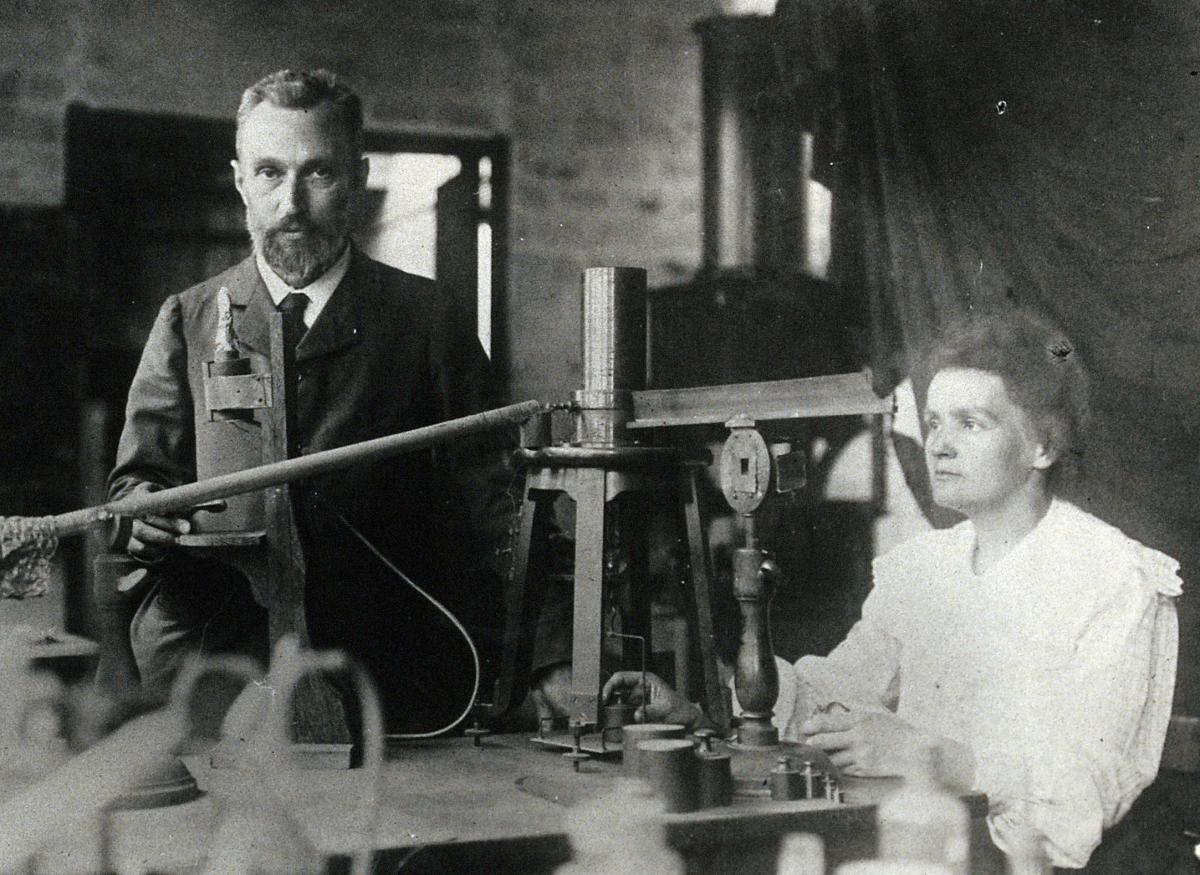 Marie and Pierre Curie in their workshop, c. 1900