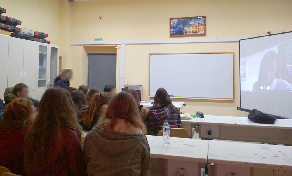 Students in the classroom talking to Evanthia Hatziminaoglou, a Greek astrophysicist calling from ESO in Germany