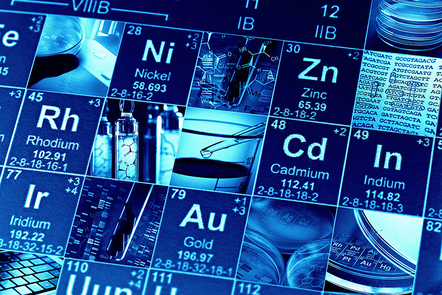 Periodic table of elements and laboratory tools science concept