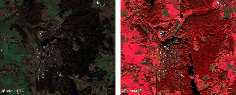 Two satellite images (true-colour and false-colour) of a rural area showing woods, fields, and a small town.