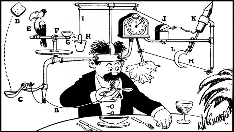 Comic of a man sitting at a dinner table eating soup. To his hand and head, a series of everyday objects are attached to form a machine for moving a napkin.