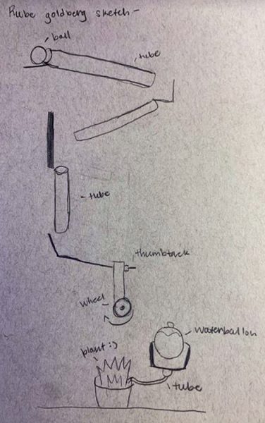 Sketch of a machine, featuring tubes, a ball, a wheel, a whaterbaloon, and a plant.