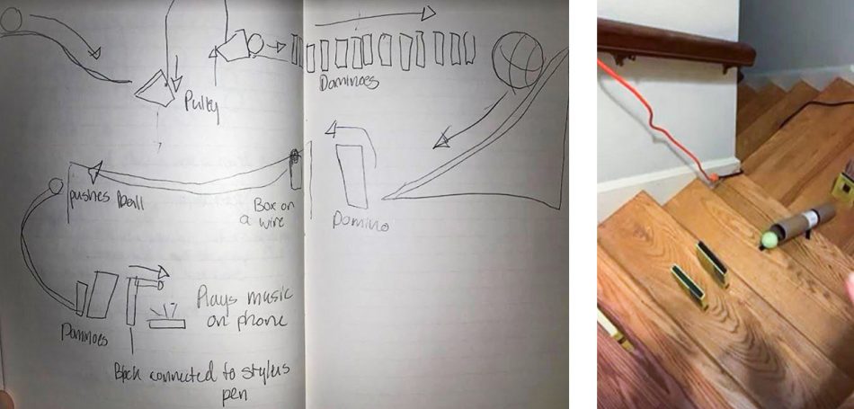 Left: Sketch of a machine, featuring a pulley, dominoes, balls, a box on a wire, a stylus pen, and a mobile phone. Right: Books, a ball, a tube, and electrical extension cords arranged along a descending staircase.