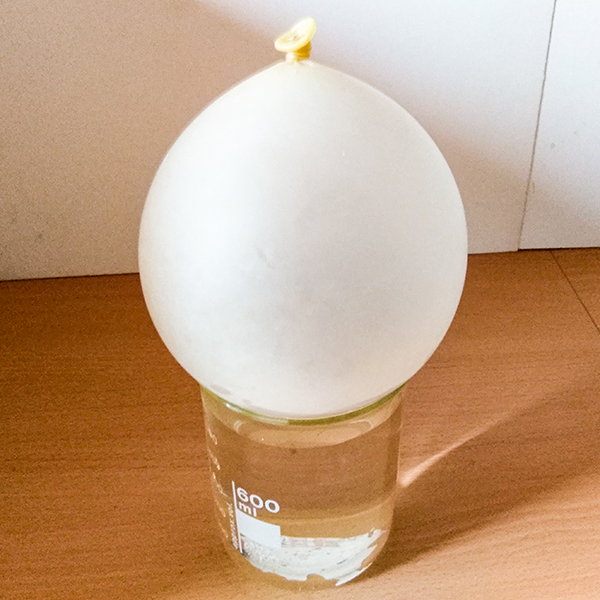 Sul tavolo, un palloncino transparente riempito di gas poggiato su di un contenitore contenente del liquido trasparente