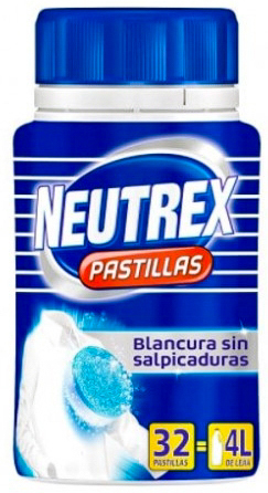 Bottiglie di plastica con  etichetta blu, bianca e rossa e coperchio blu. Testo sull’etichetta: “Pastiglie Neutrex”.