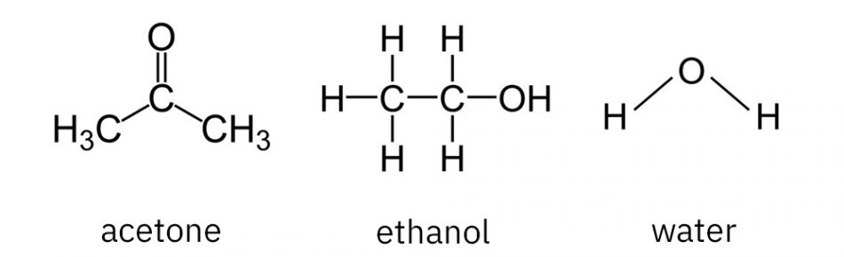 Chemical formulas representing molecules of acetone, ethanol, and water.