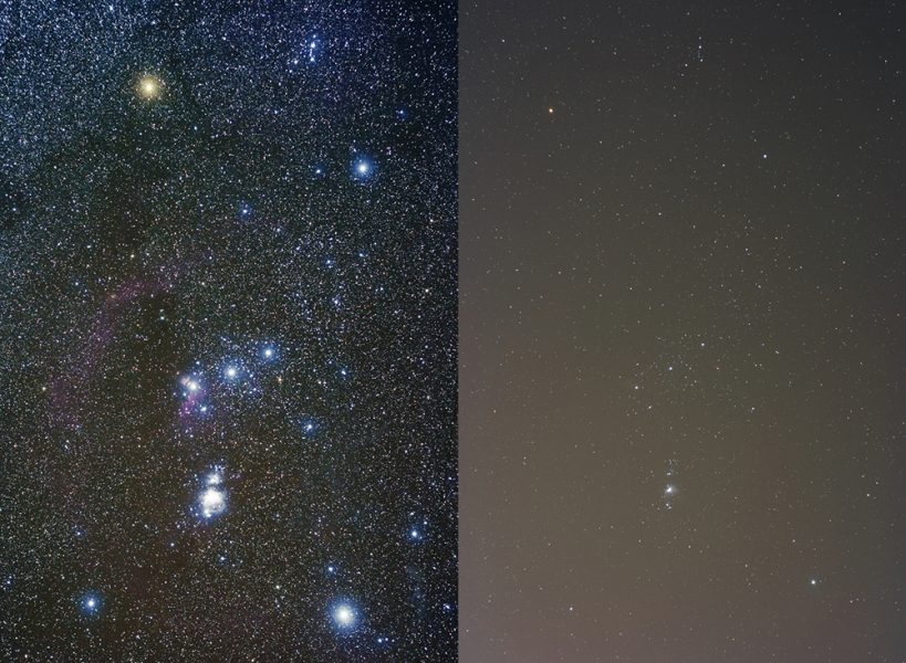 Dvije fotografije noćnog neba s konstelacijom Orion. Na lijevoj strani prikazano je noćno nebo s velikim brojem zvijezda; na desnoj strani je fotografija na kojoj svjetlosno onečišćenje dramatično smanjuje broj vidljivih zvijezda.