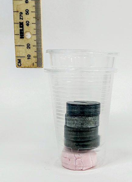 A marshmallow and a stack of metal weights inside two plastic cups, next to a ruler.