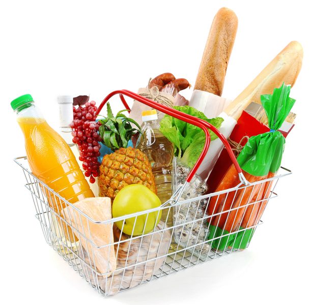 Metal shopping basket with groceries.