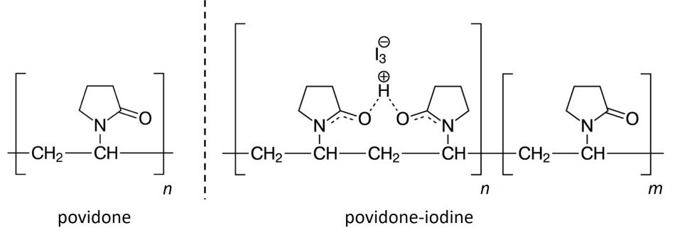 Le strutture chimiche rappresentano le molecole del complesso di iodiopovidone e  il vinilpirrolidone.