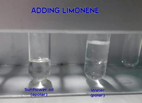 El tubo que contiene el limoneno con agua muestra claramente la separación entre los dos líquidos. 