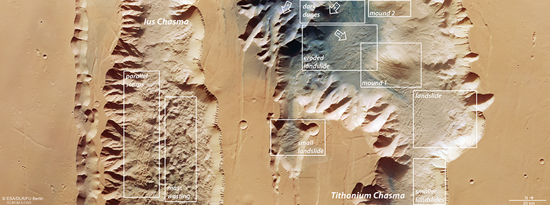 view of the two chasmata from the top. Mounds, dunes and landslides are visible.