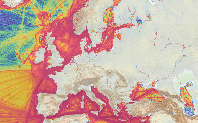 A map of Europe and its seas shows the marine traffic density, looking like a very intricate and dense web.