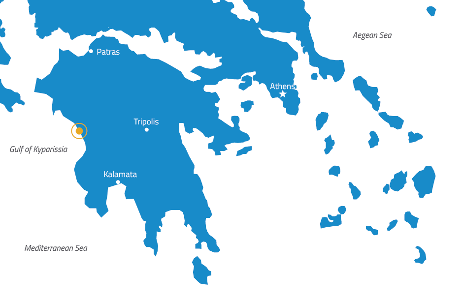 Figure 1: Map of Greece, with the position of the weather station indicated by a an orange circle.