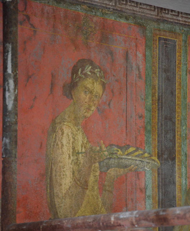Wall fresco from Pompeii, showing some blackening of the natural red pigment cinnabar
