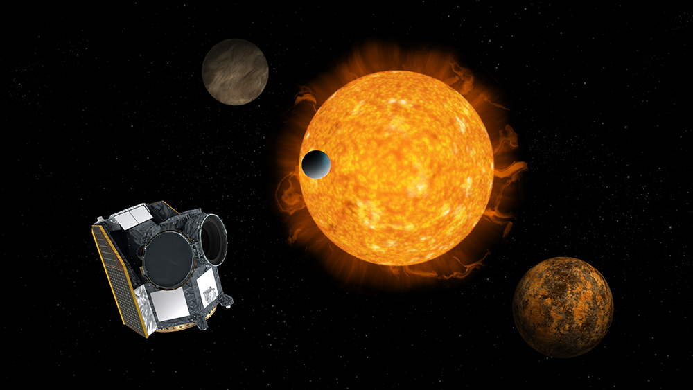 Artist’s impression of CHEOPS, with an exoplanet system in the background