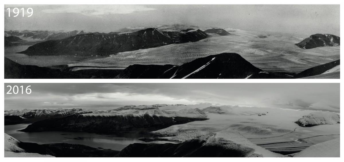 Figure 1: The Nordenskiöld Glacier, Svalbard in 1919 (top) and 2016 (bottom). The glacier has retreated over this time
