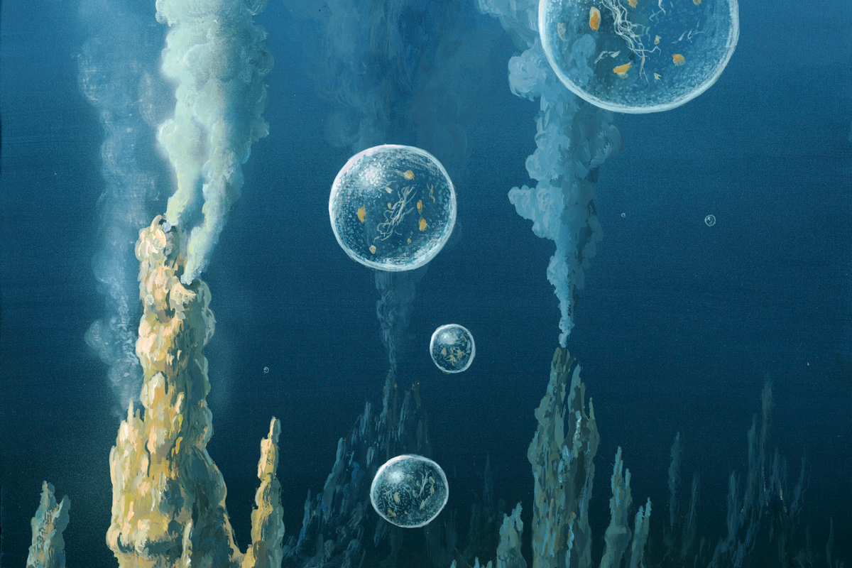 Artwork depicting the formation of protocells in the early history of life on Earth