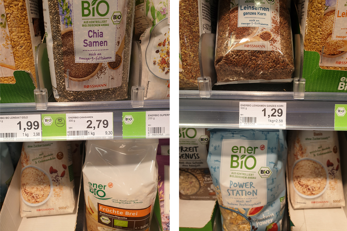 Chia seeds (left) and linseeds (right) on sale in a German supermarket, showing the price difference