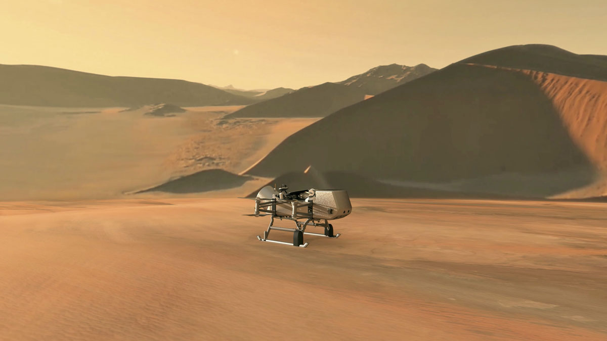 Artist’s illustration showing NASA’s Dragonfly lander on the surface of Titan