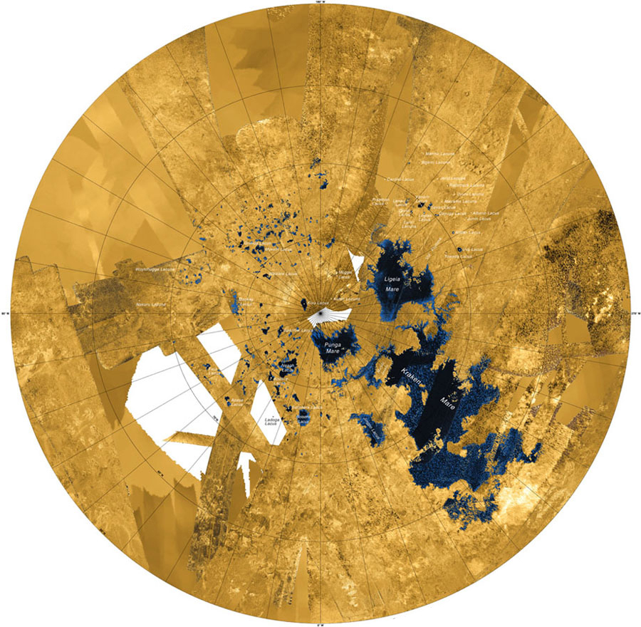 Mosaic image of Saturn’s moon Titan, from NASA’s Cassini-Huygens mission, showing (in blue/black) lakes and seas made up of liquid methane and ethane. Land areas appear yellow or white. NASA/JPL-Caltech/ASI/USGS