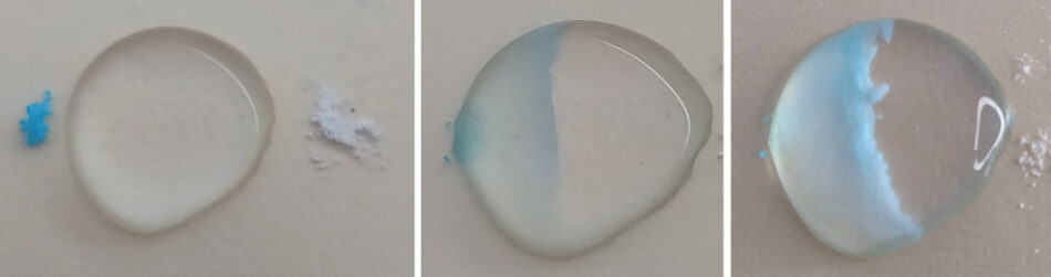 A microscale reaction of copper sulfate and sodium carbonate to give copper carbonate that precipitates in the centre of the drop.