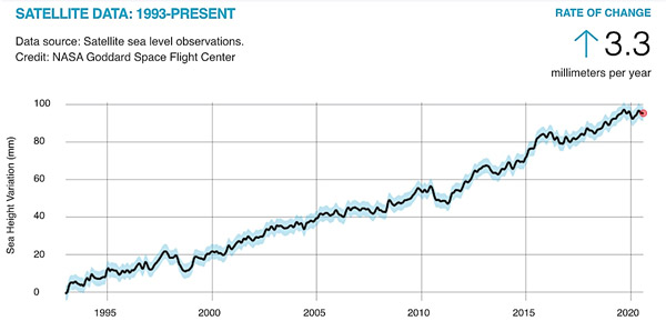 A graph of sea height variation in mm between 1993 and 2020. The sea level has increased by 3.3 mm per year in that period