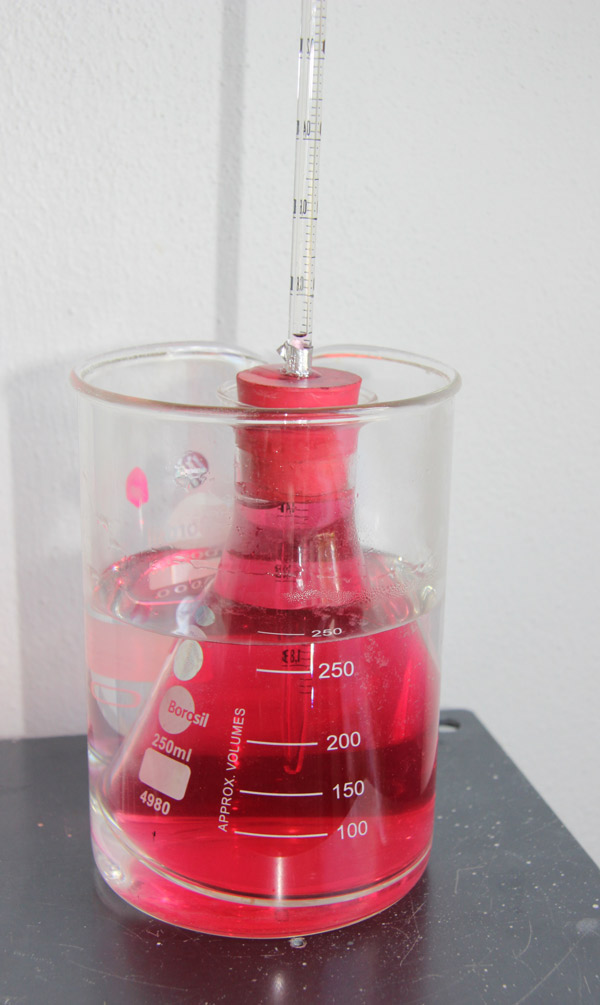 A water bath containing a flask of coloured water fitted with a graduated pipette.