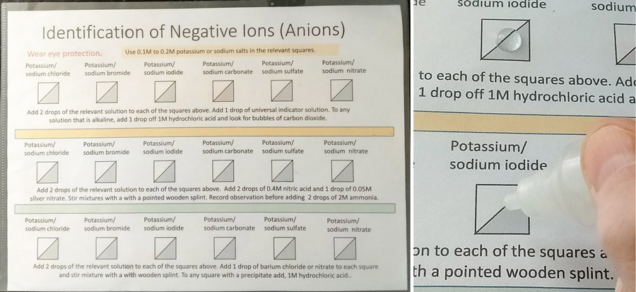A microscale chemistry worksheet in a plastic sleeve and the application of solutions with a dropper bottle.