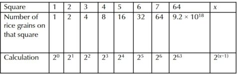 Table with Square, Number of rice grains on that square and Calculation