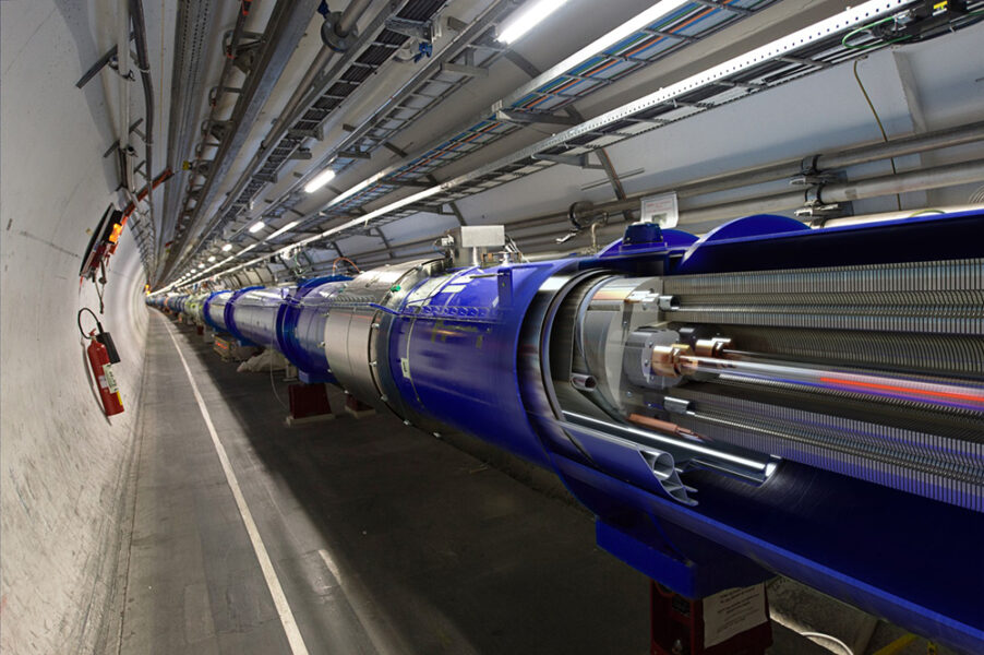Inside the large hadron collider (LHC) tunnel at CERN