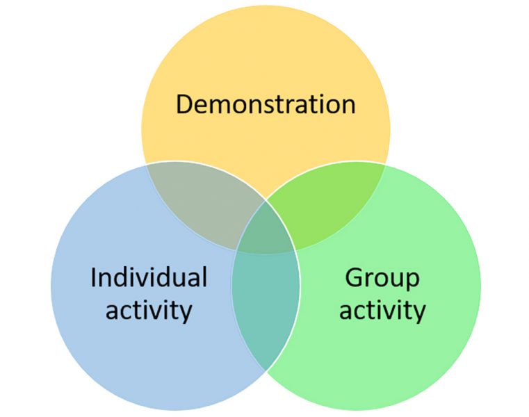 A Vann diagram with regions of overlap between demonstration, individual activity and group activity