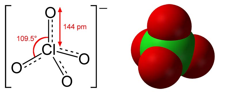 Perchlorate is a negatively charged ion consisting of a chlorine atom bonded to 4 oxygen atoms in a tetrahedral arrangement.