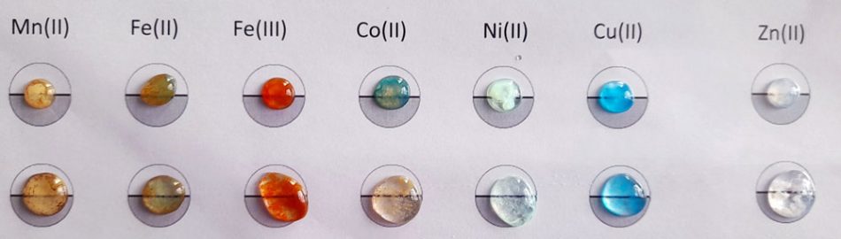 Coloured drops showing hydroxide precipitates of manganese (gold), iron 2+ (dark green), iron 3+ (red-brown), cobalt (green), nickel (pale green), copper (blue), and zinc (white). 