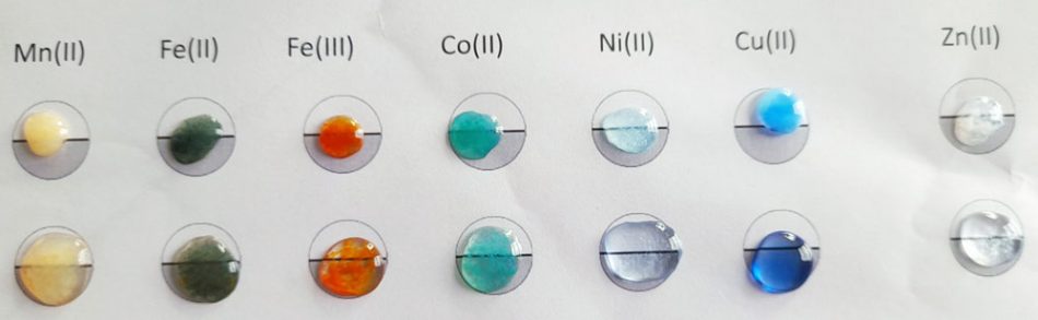 Η προσθήκη διαλύματος αμμωνίας στα ίδια ιόντα μετάλλων δίνει παρόμοια χρώματα με το διάλυμα του υδροξειδίου.