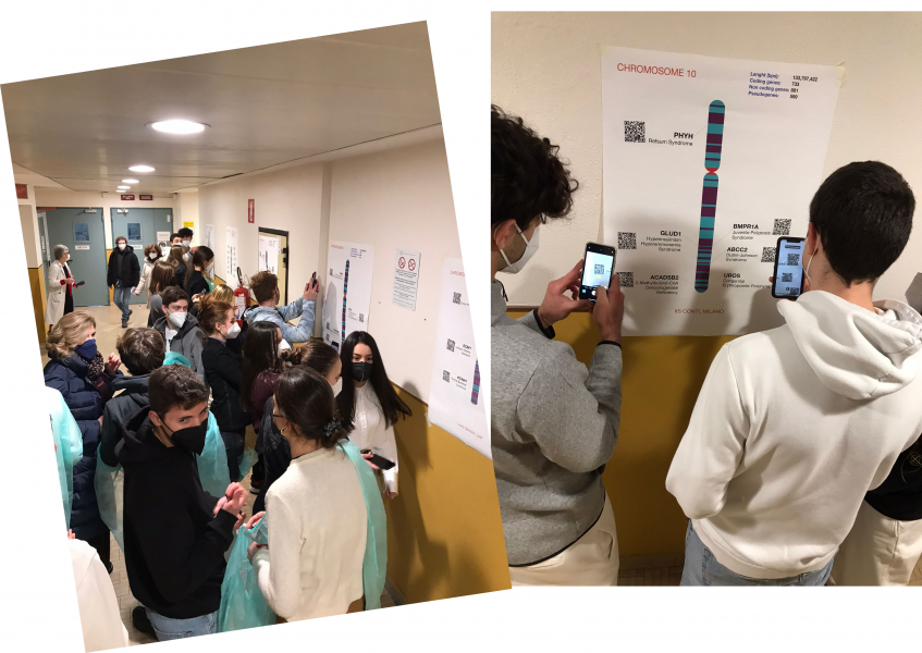 Alumnos en el corredor de un colegio observan posters anotados de cromosomas y usan sus móviles para ver más información al escanear los códigos QR.
