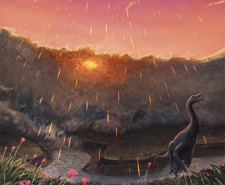 Dei fiori e un dinosauro vicino ad un fiume mentre sta piovendo fuoco.