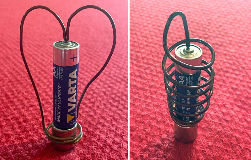 A copper wire can be bent around a battery in different ways. It will demonstrate the Lorentz force, as long as the wire touches both the anode and the cathode.