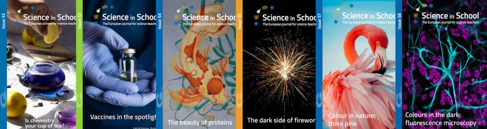 Different covers of Science in School, the journal for European Teachers