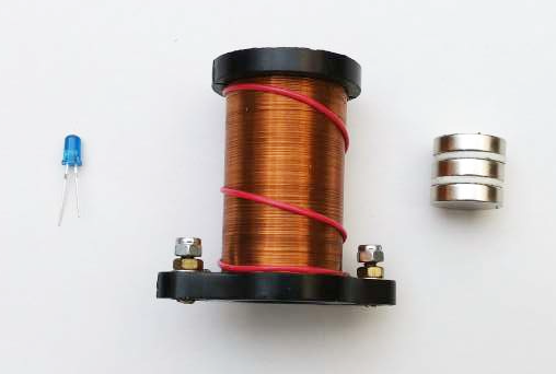 components of the ground-motion detector: LED,  multi-turn coil, neodymium magnetic disks