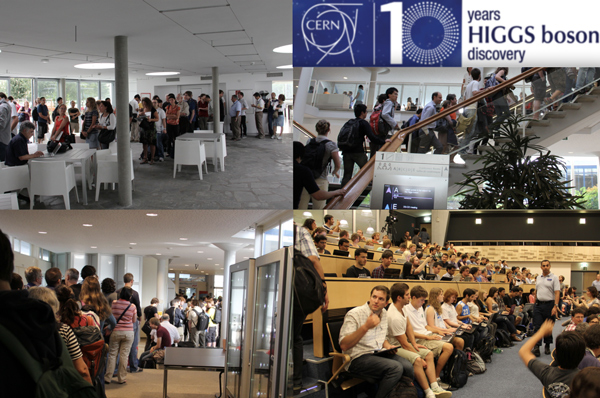 the main CERN lecture hall is full while more people are lining up outside in the foyer.