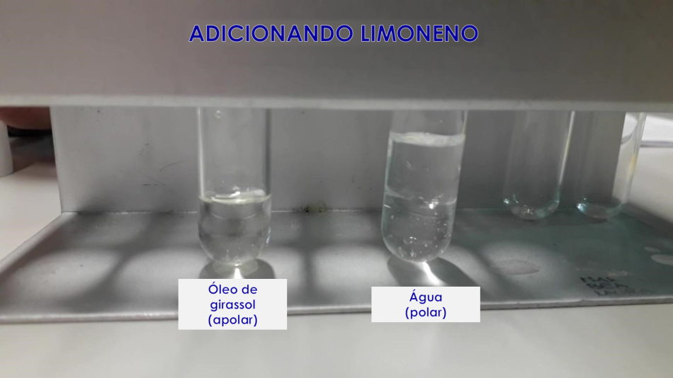 O tubo contendo limoneno em água mostra claramente uma separação entre os dois líquidos