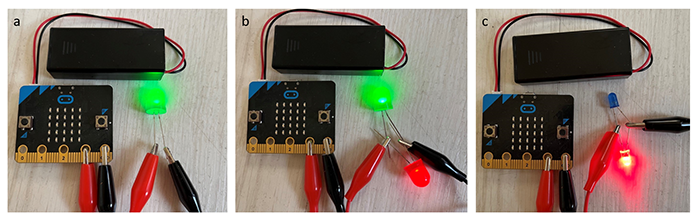 A sequence of images shows the LEDs connected to the micro:bit in different ways.  