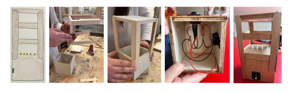 A sequence of images show the construction of a smart lamp from its design to the final product