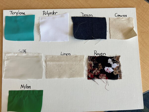 A display of the different fabrics tested in this activity: Terylene, polyester, denim, canvas, silk, linen, rayon and nylon.