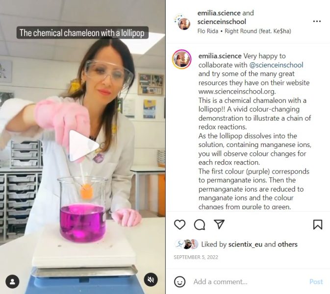 A screenshot of one of emilia.science's instagram reel, where she dips a lollipop into a permanganate solution.