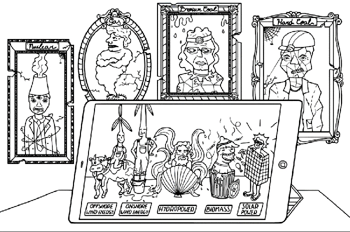 artistic sketch of the energy sources (old and new) personified in framed photos. The renewable are: offshore wind energy, onshore wind energy, hydropower, biomass, solar power.