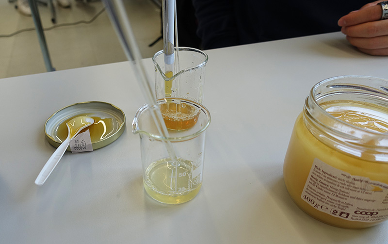 Activity 4 procedure. Honey and water are added into two different beakers. 